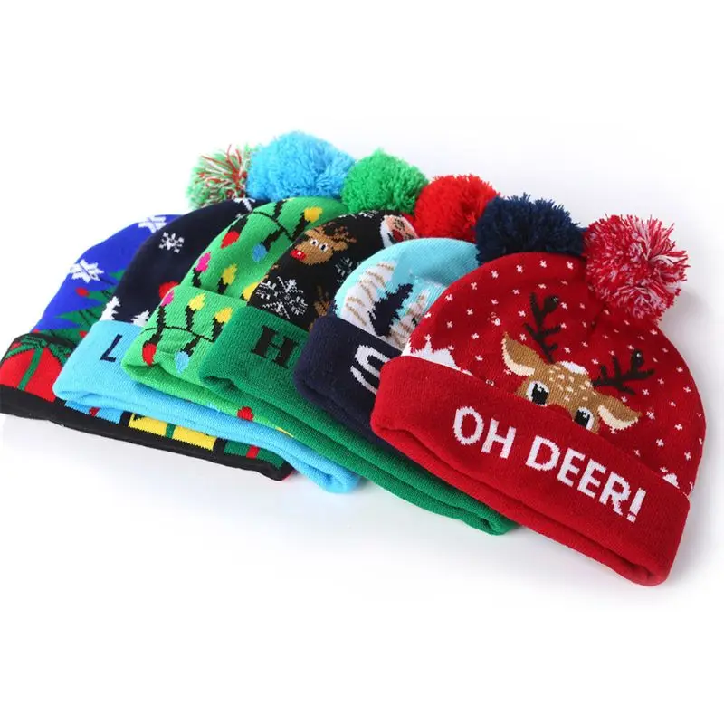 Christmas LED Knitted Beanie Hat Unisex Men and Women Winter Snow Holiday Beanie Cap Christmas Hat Xmas Gift 10 Styles