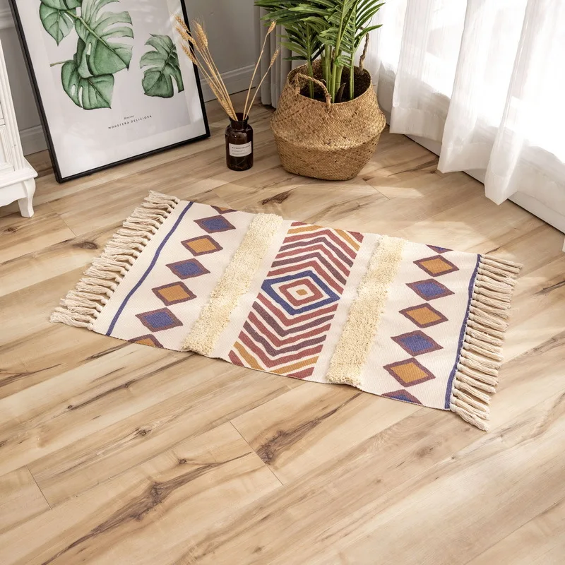 Retro Bohemian Hand Woven Cotton Linen Carpet Morocco Printed Area Rugs Tufted Tassels Anti Skid Pad Throw Rug Bath Doormat non slip carpet