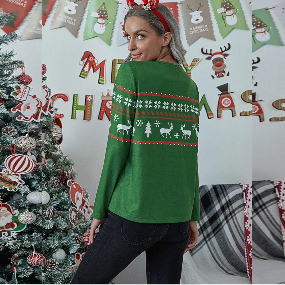 Diiwii Female Christmas Print Round Neck Long Sleeve Fashion New T-Shirt Top Casual Loose Pullovers Woman Tees 2020 Autumn