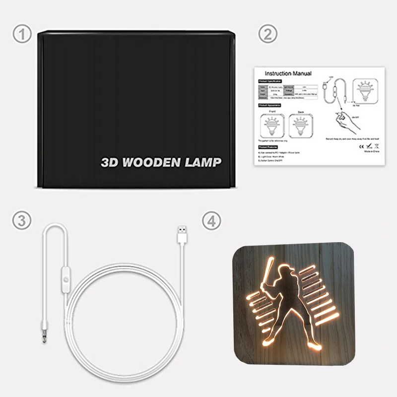 19*19*3CM New Year Christmas 3D Wooden Baseball USB Warm White Night Lights Holiday Gift Interior Decoration