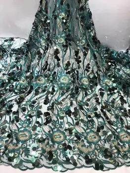 

Top grade French Lace Fabric High Quality Emerald green Flowers African Tulle Embroidered Lace Fabric With Sequins For Wedding