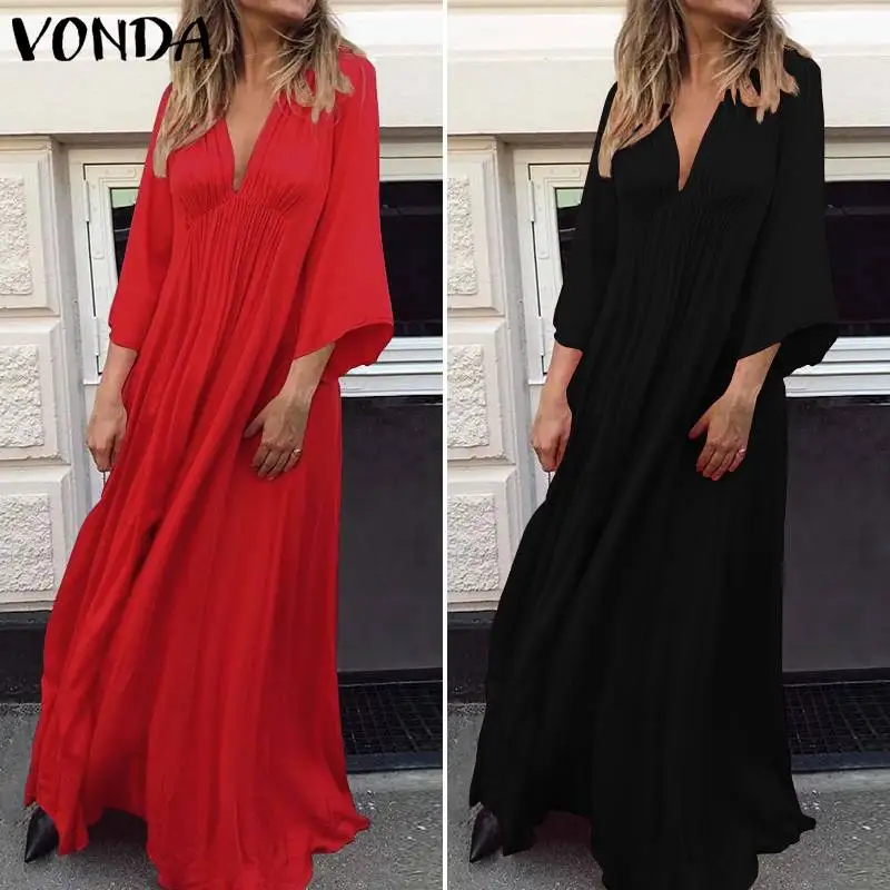 Женское платье размера плюс VONDA, с расклешенными рукавами, сексуальное, с глубоким v-образным вырезом, повседневное, свободное, длинное, макси платье, одноцветные, вечерние, вечерние платья, осеннее платье
