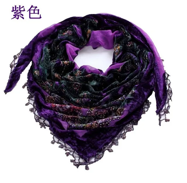 purple Новинка Шелковый бархатный шарф шаль Китайская национальная Женская треугольная Пашмина пончо ручной работы из бисера плащ-Павлин Mujeres Bufanda - Цвет: purple
