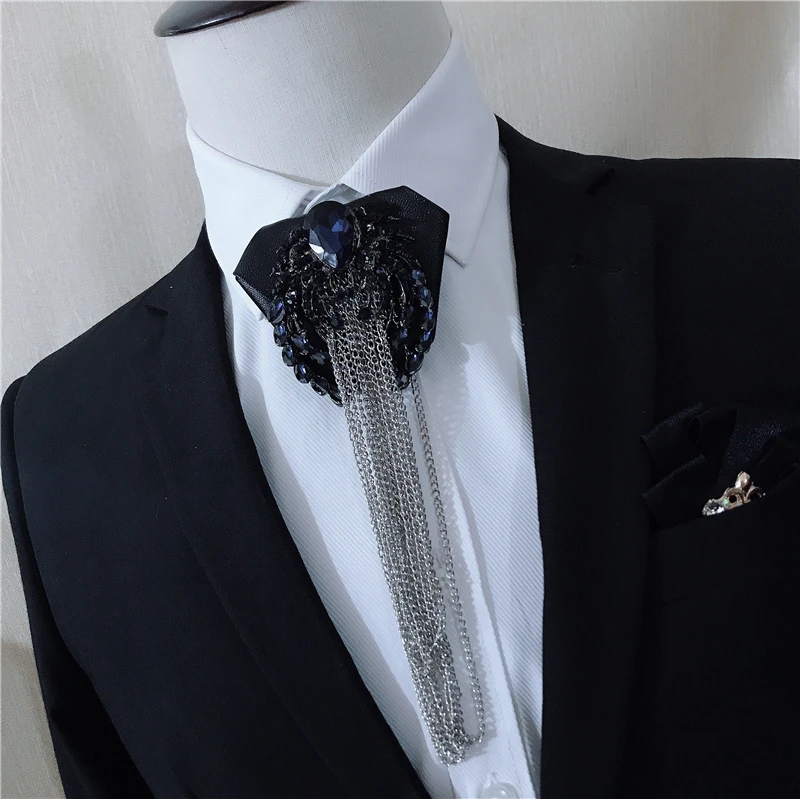 Handmade Bow Tie Мужской галстук-платок из сплава со стразами и кристаллами, свадебный костюм, Клубные вечерние галстуки-рубашки, роскошный галстук-бабочка из искусственной кожи с лентами - Цвет: Handmade Bow Tie