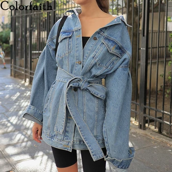 

Colorfaith New 2019 Autumn Winter Women's Denim Jackets Sashes Lace Up Outerwear High Street Fashionable Blue Long Jeans JK8922