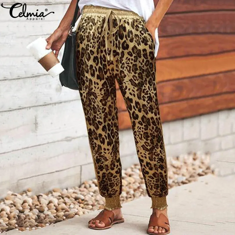 Женские леопардовые длинные штаны, повседневные свободные шаровары с эластичной резинкой на талии, летние модные женские брюки размера плюс