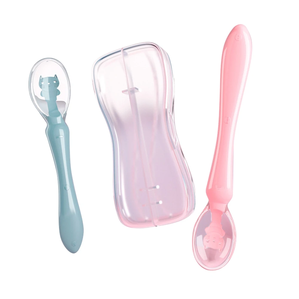 

AA 2 Pieces Baby Spoons, Small Portable Temperature-Sensitive Spoon Silicone Soup Ladle for Kids