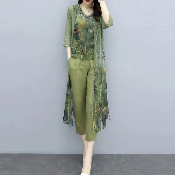 Весенний зеленый шифоновый комплект из 3 предметов с принтом женский жилет плюс