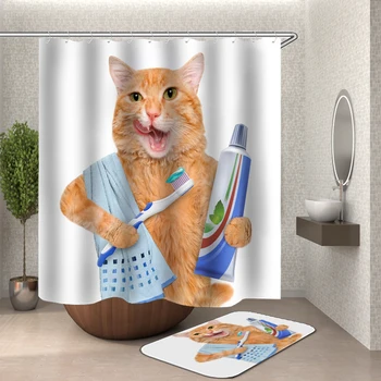 

Fat cat brushing teeth 3D Polyester Fabric Bathroom Bath Curtains Waterproof Cortinas Hook Genuine funny bath shower curtain