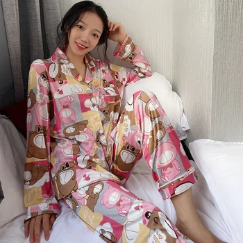 

Autumn Long Sleeve Women Pajamas Set Cardigan Lapel Cartoon Pink Doll Bear Female Pyjamas Set Winter Sleep Wear 2 Piece Suit