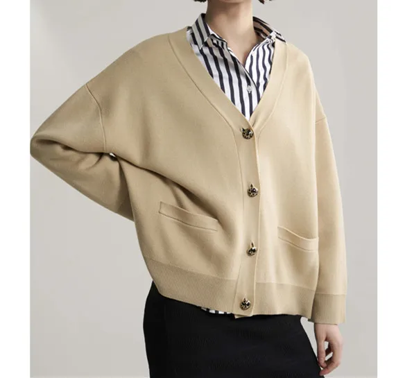 

Cardigan Sweater Wool V-neck Wide Cuffs Side Pockets Monogram Buttons Solid Knitted Jumper