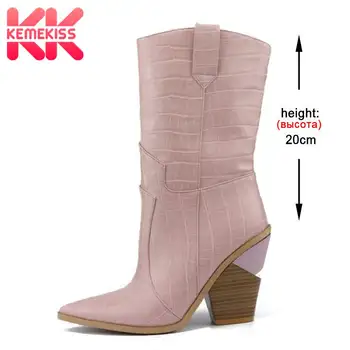 

KemeKiss Plus Size 33-46 Women Winter High Heels Fur Boots Plaid Brand New Shoes Women Casual Pointed Toe Sexy Mid Calf Boots