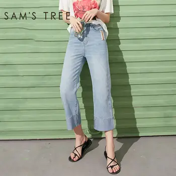 

SAM'S TREE Blue Solid High Waist Washed Korean Jeans Women 2020 Summer Rainbow Braid Straight Casual Ladies Daily Denim Pants