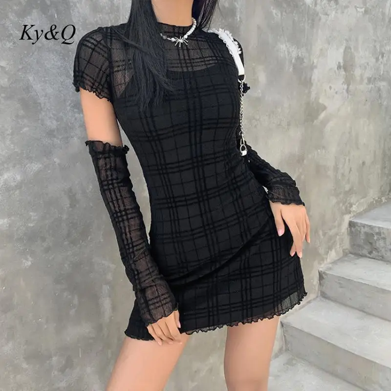 2021 Spring Autumn New Arrivals Women Check Pattern Lace Gauze Short Sleeve Mini Year Party Dress Female Retro 2 Piece Set | Женская