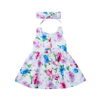 

2020 Summer Clothes Cute Baby Girls Kids Infant Floral Cotton Dress Toddler Party Sweet Princess Dress+ Headband 2Pcs/Set
