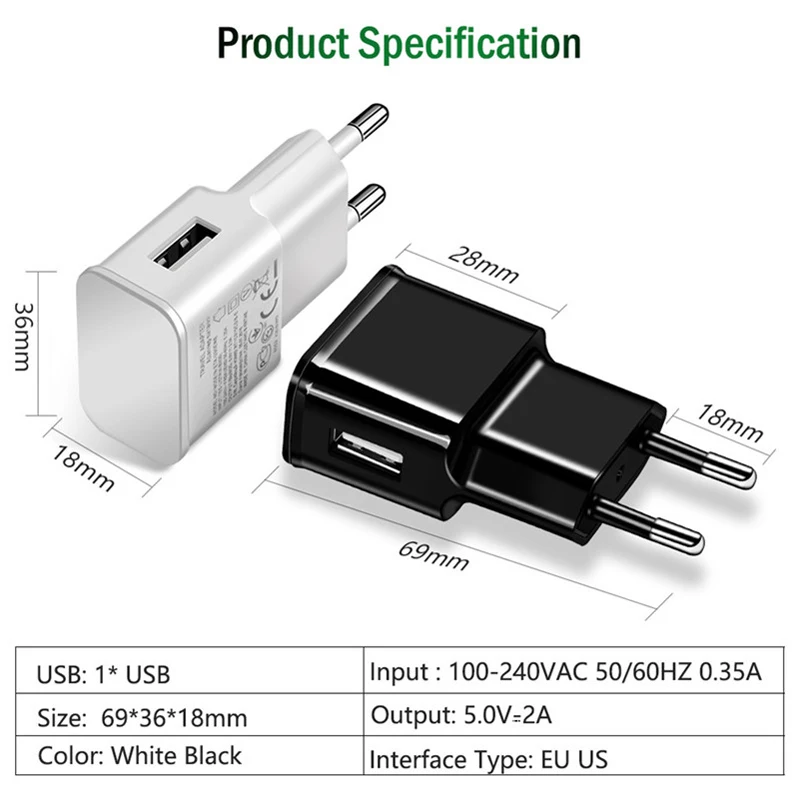10pcs/lot 5V 2A EU Plug Wall Travel Charger Adapter For Samsung S9 S8 + S7 S6 S5 edge A30 A50 A70 J330 J530 A750 Xiaomi Huawei 65w charger usb c Chargers
