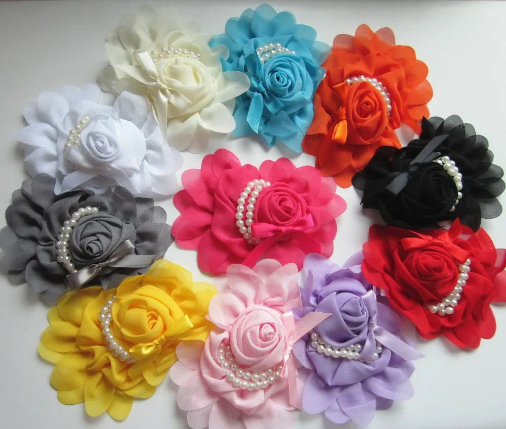 1 PC Fashion DIY Hair Accessories 5&quot X 4&quot Chiffon Rose Flower with Pearl Beads Kids Mini Ribbon Bows Decoration | Аксессуары для