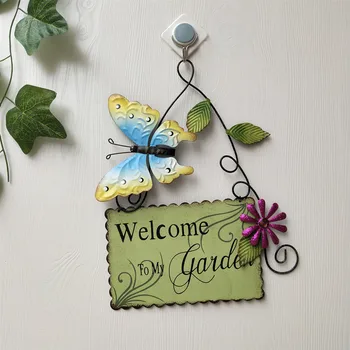 

1PC Wrought iron welcome sign hand-painted butterfly flower home door wall fence business house decoration wall hangings