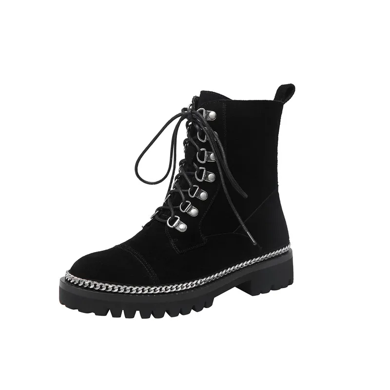 black flock MORAZORA; коллекция года; Сезон Зима; Лидер продаж; женские брендовые ботинки из натуральной кожи; ботильоны черного цвета; модная повседневная женская обувь на шнуровке - Цвет: black flock