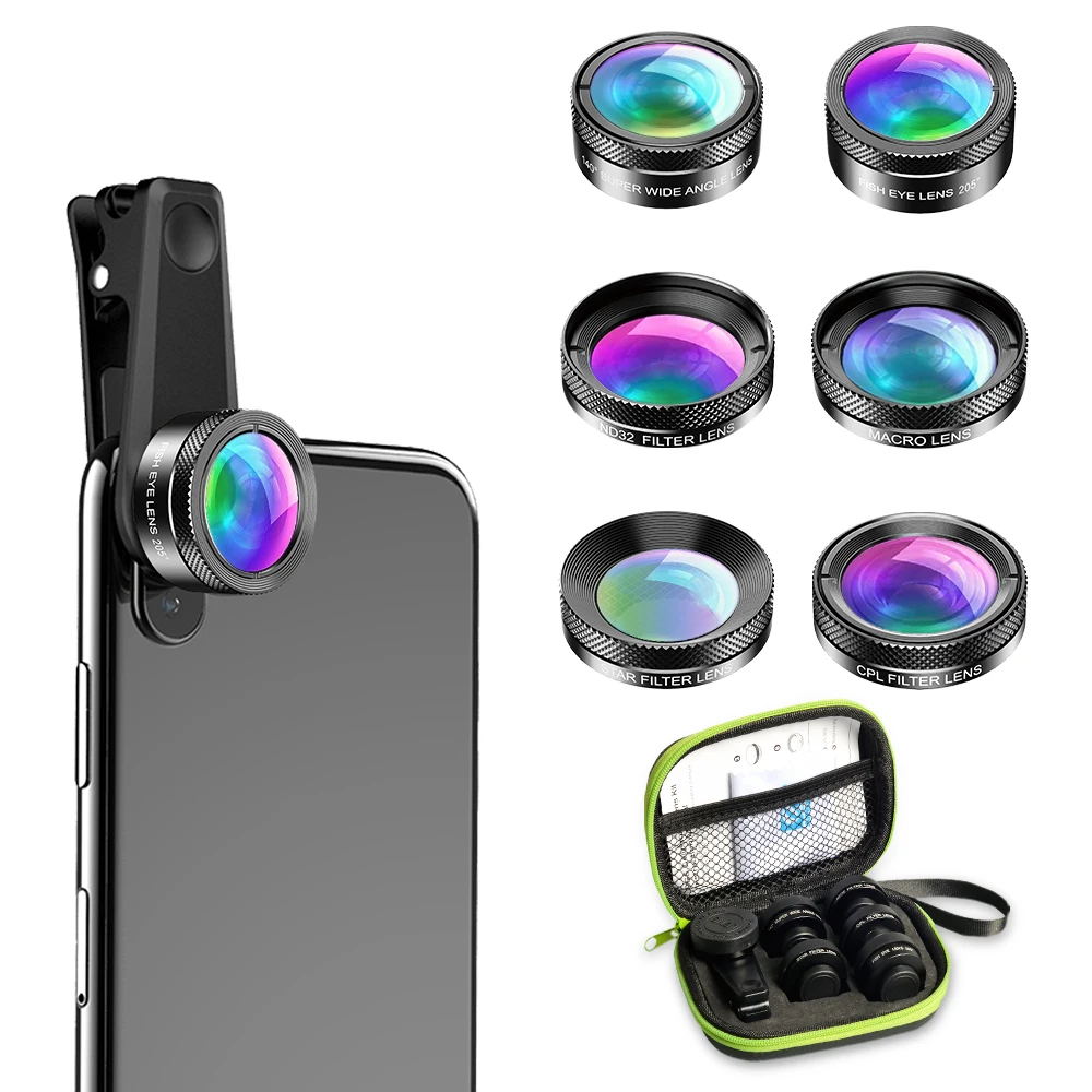 APEXEL HD Mobile Phone Camera Lens 6 in 1 CPL/Star Filter Wide Angle Macro for Smartphone Fish Eye Lente Para Celular |