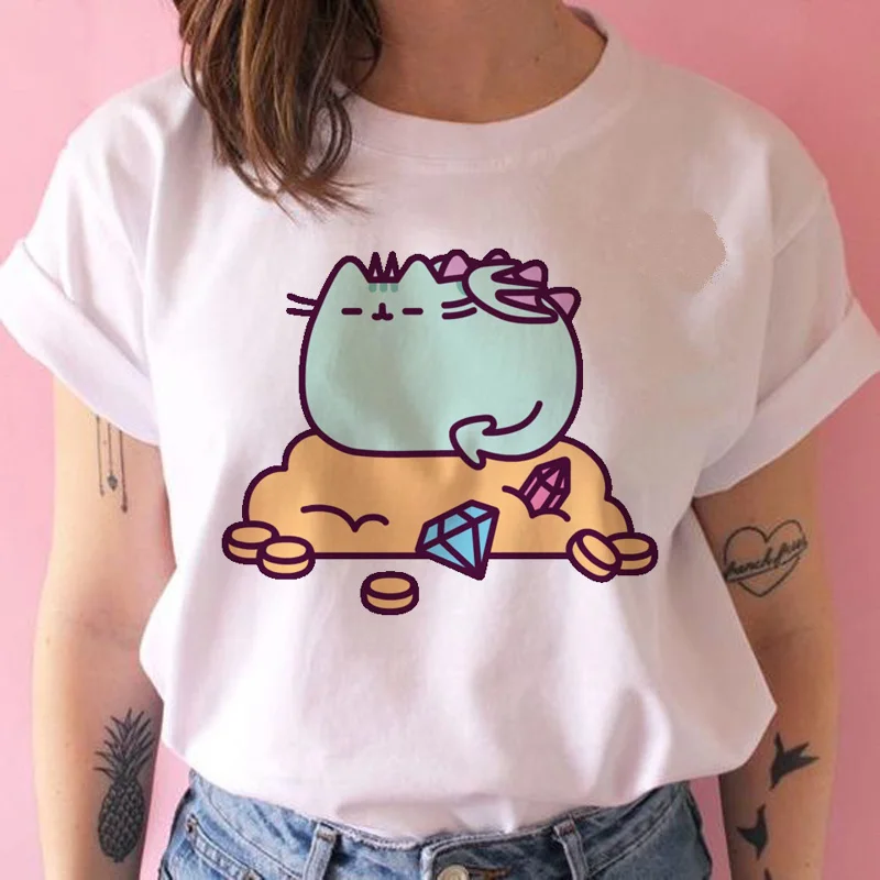 Женская футболка pusheen THE cat, kawaii, забавная женская футболка 90 s, мультяшная, harajuku, графическая, Корейская, ulzzang, топы, футболка, женская футболка