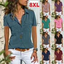 

Women Short sleeve Shirt 2021 Summer Elegant lapel Tops Office Ladies Casual Solid Simple Shirts
