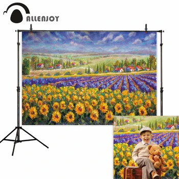 

Allenjoy oil painting backdrop sunflower field village forest clouds birthday portrait view photography studio background