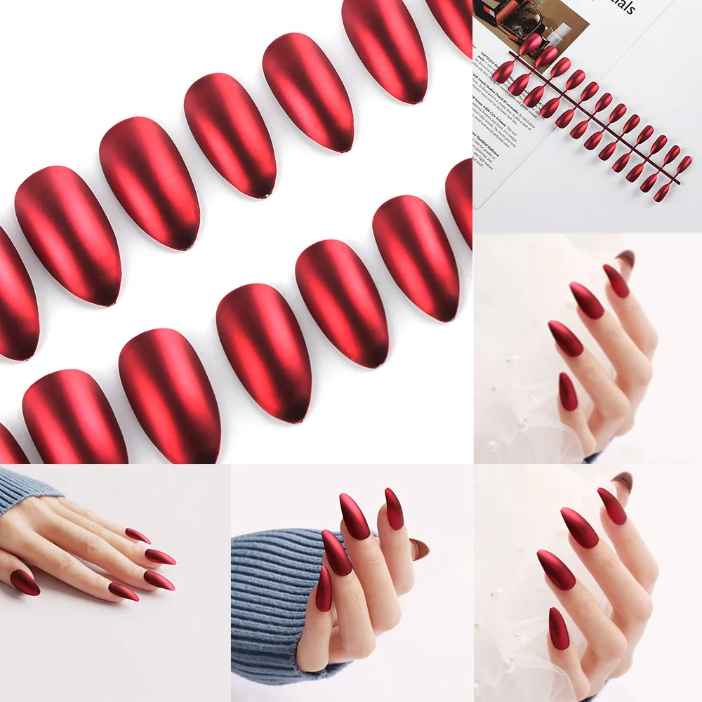 

24PCS ABS Red Colour Fashion Stiletto Pointed Sharp False Nails Popular Fake Nails Finger Art Full Nail Tips Extensions Tools