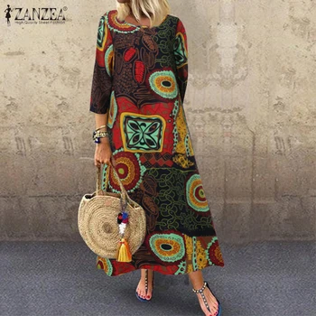 

ZANZEA Plus Size Vintage Sundress Women Summer Floral Printed Dress Casual 3/4 Sleeve Party Cotton Linen Vestido Robe Dresses