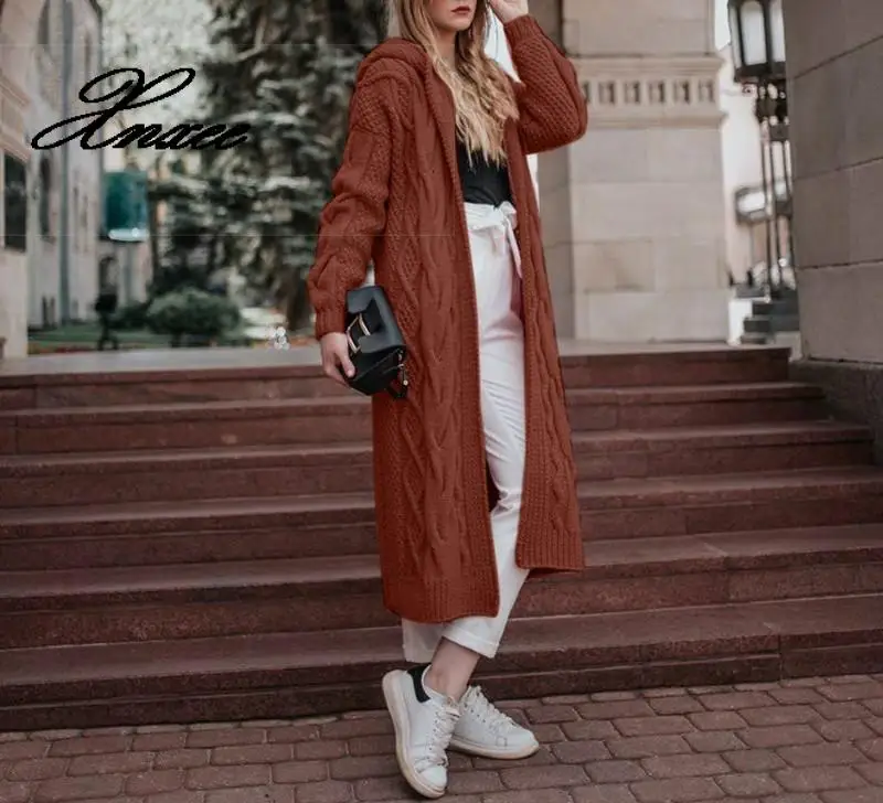 

Xnxee Women Knitted Cardigans Winter 2019 Causal Warm Solid Open Stitch Long Female Sweater Oversized Loose Hooded Knitwear