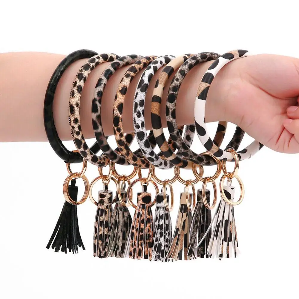 Leopard Print Bracelet Key Chain Tassel Faux Leather Big O Circle Key