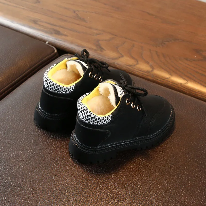 Зимние теплые детские повседневные кожаные ботинки; Обувь На Шнуровке Для маленьких мальчиков; нескользящая прогулочная обувь; ботиночки для маленьких мальчиков