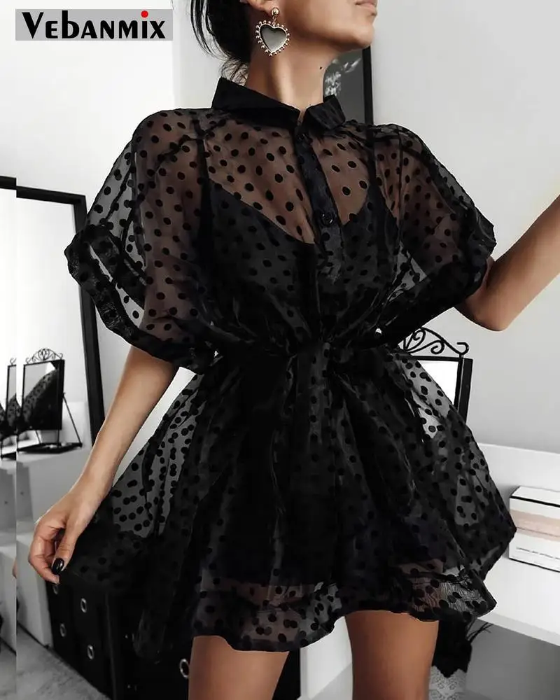 Женское Сетчатое Полупрозрачное платье на пуговицах с коротким рукавом и ложным