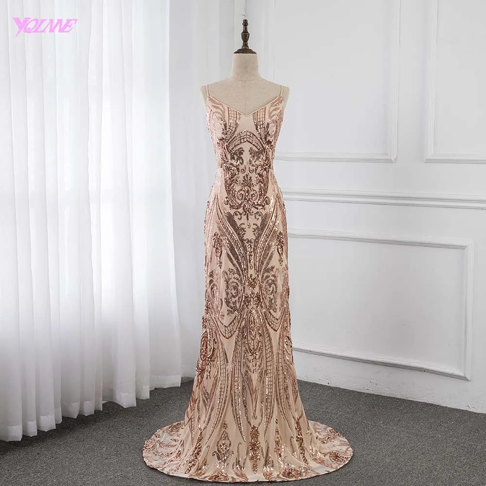 

Rose Gold Spaghetti Sequins Evening Dress Formal Evening Gown