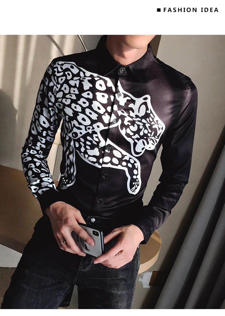 Модная винтажная рубашка с принтом животных MenCamisa Masculina Slim Fit для клубной вечеринки, выпускного вечера, мужская рубашка с принтом Chemise Homme