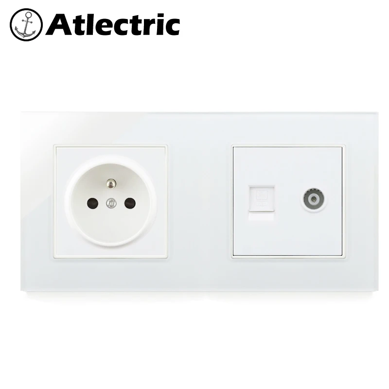 Atlectric FR стандартная настенная розетка RJ45 Компьютер ТВ PC ПОРТ двойная розетка электрическая розетка закаленное стекло панель розетки