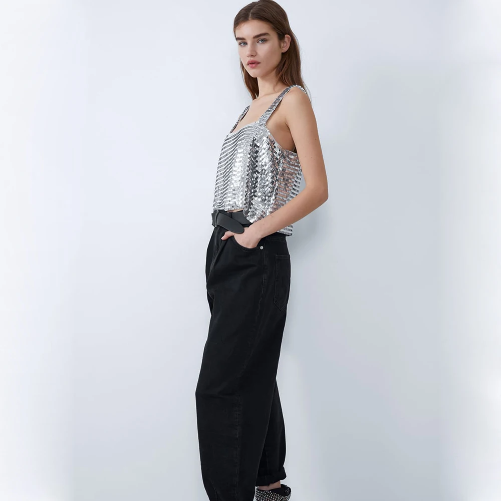 ZA Sequins сексуальный жилет с надписью для женщин мода весна лето короткие элегантные сексуальные топы для ночного клуба Праздничный Рождественский подарок