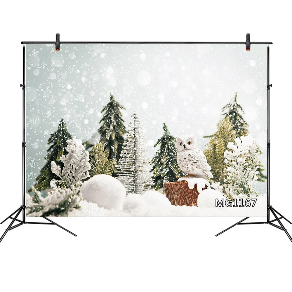 Winter Forest Landscape Christmas Backdrop Owl and Snow Vinyl Photography Photo Background Studio Props Birthday Party Banner
