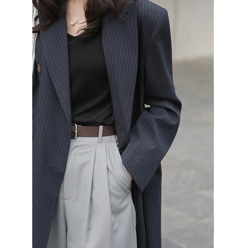 

Womens Trench Coats High Street Designer Double Breasted Turn-down Collar Pockets Wide-waisted Striped Women Long Coat