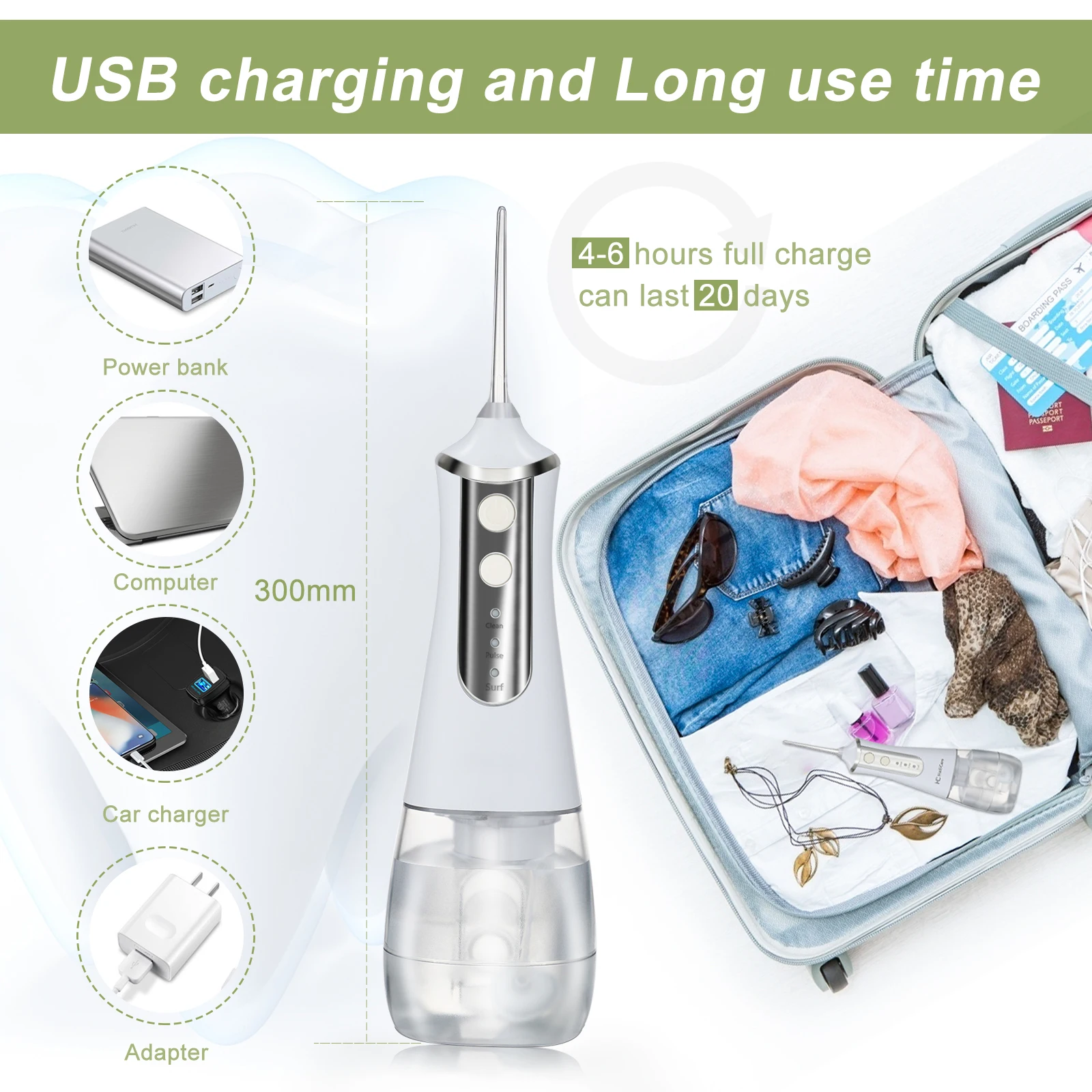 Portable Oral Irrigator Water Flosser USB Rechargeable Cordless 350 ML IPX6 Waterproof 3 Modes 5 Water Jet Tips Tooth Pick
