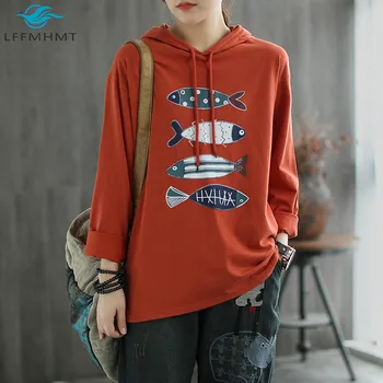 

Women Spring Autumn Fashion Cartoon Fish Printed Sweatshirt Office Lady Long Sleeve Hooded Large Size Loose Casual Pullover Tops
