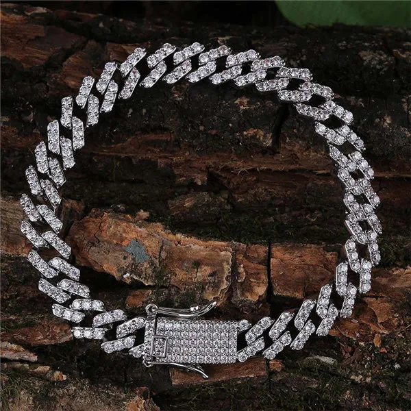 Silver Bracelet Полный Iced Out циркон проложили Стразы 10 мм кантри кубинская цепь Bling Рэппер браслет для мужчин хип-хоп ювелирные изделия - Окраска металла: Silver Bracelet