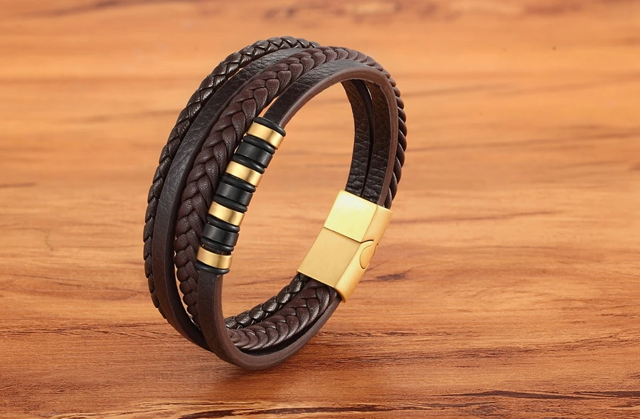 XQNI Klassisches mehrschichtiges Luxus-Stil-Edelstahl-Herren-Lederarmband, handgewebt, anpassbar, DIY-Qualität, Drop Shipping – Detail 11