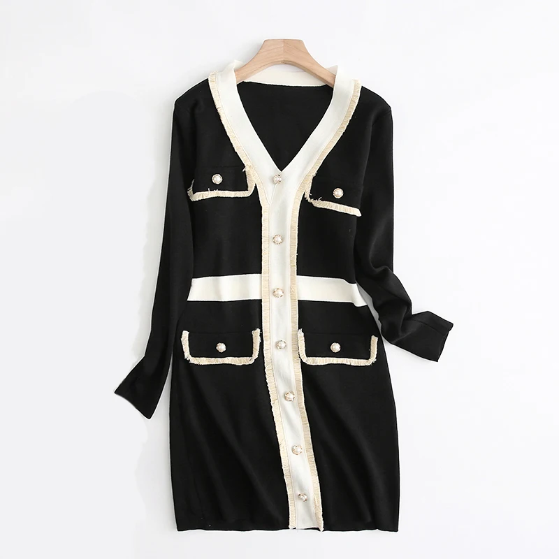 2019 осеннее Новое роскошное женское классическое черно белое вязаное платье с v