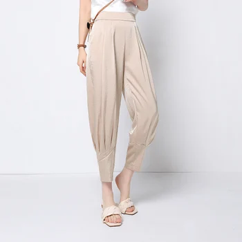 

Beige/Black Harem Pants women 2020 Summer Elastic Waist Loose Wide Legs Ankle length Trousers streetwear Plus Size