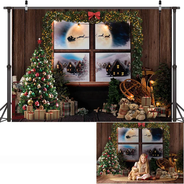 Christmas Window Backdrop Winter Snow Wonderland Birthday Portrait Background Curtain Wreath Christmas Tree Photography Props style-5