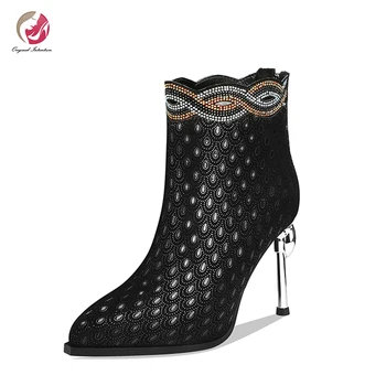 

Original Intention Gorgeous Sequins Ankle Boots Lady Metal Wine Glass Heels Platform Pointy Toe Thin High Heels Short Boot Woman