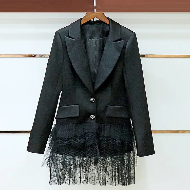 

[EWQ] 2020 Spring Autumn New Full Sleeve Single Row Diamond Buckle Hem Mesh Stitching Black Blazer Korea Loose Women Coats QZ216