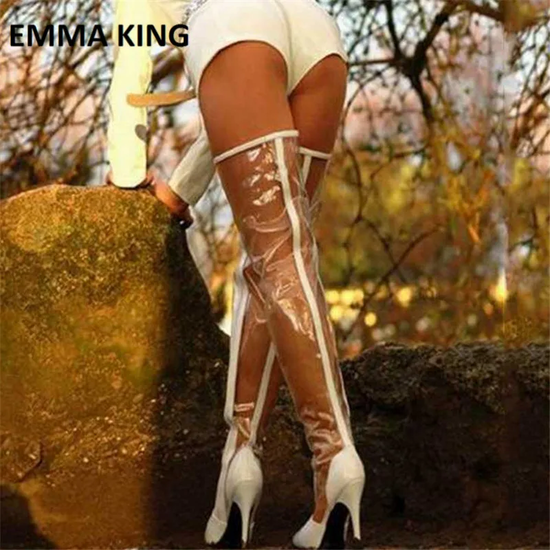 EMMA KING/Модные женские прозрачные сапоги выше колена; женская обувь на высоком каблуке-шпильке; дизайнерские ботфорты с острым носком