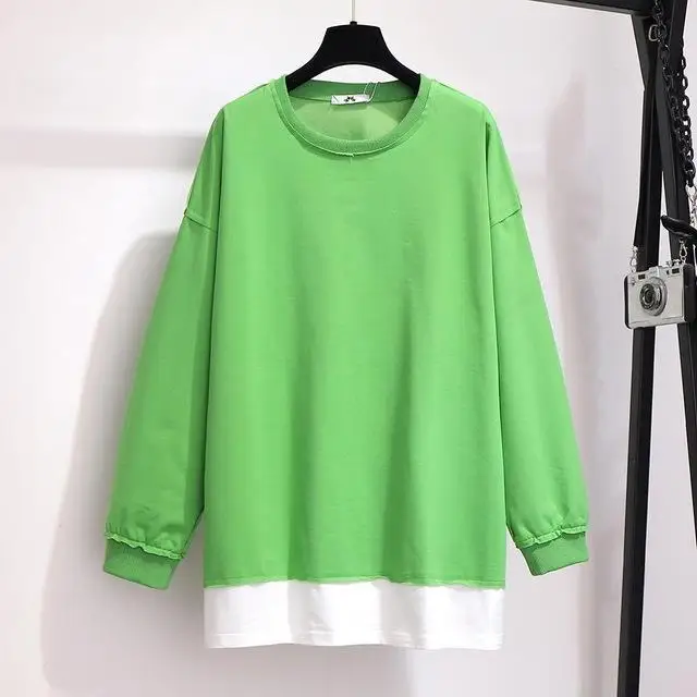 green 2XL-6XL плюс размер осенние женские толстовки хлопковые повседневные топы с длинными рукавами в стиле пэчворк пуловер 5XL Большие размеры Толстовка Топы - Цвет: green